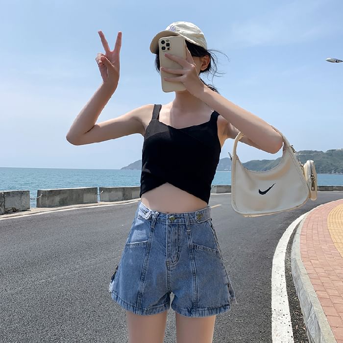 Denim Print Slit Shorts Zip Lettering Washed High Waist