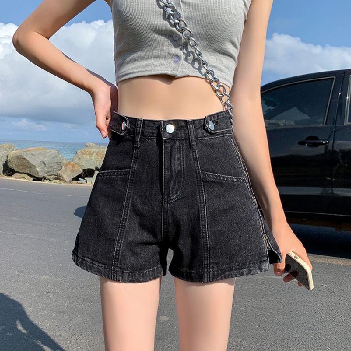 Denim Print Slit Shorts Zip Lettering Washed High Waist