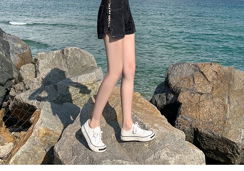 Denim Print Slit Shorts Zip Lettering Washed High Waist