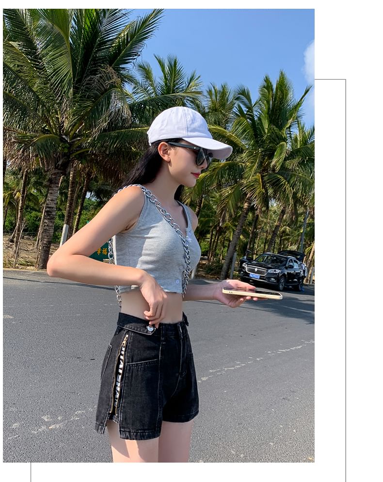 Denim Print Slit Shorts Zip Lettering Washed High Waist