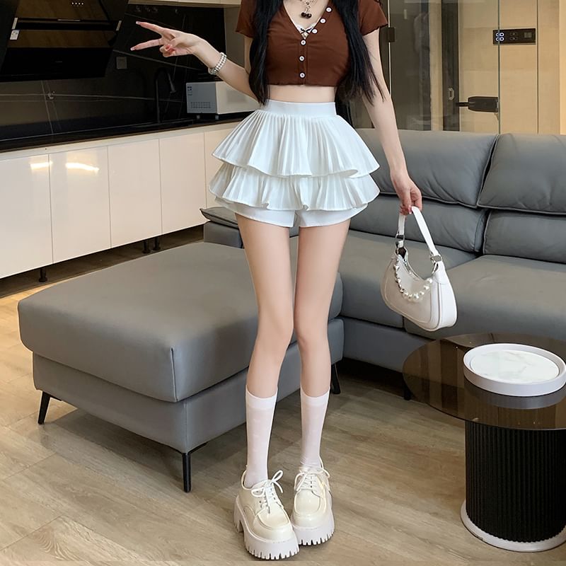 A-Line Accordion High Ruffle Waist Pleated Mini Plain Skirt