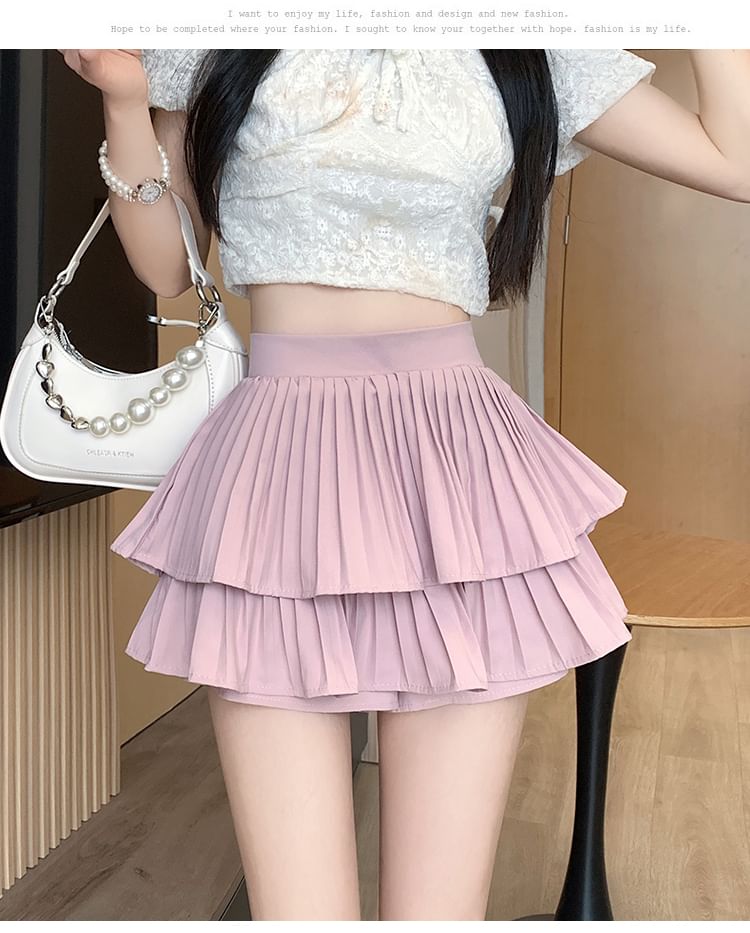A-Line Accordion High Ruffle Waist Pleated Mini Plain Skirt