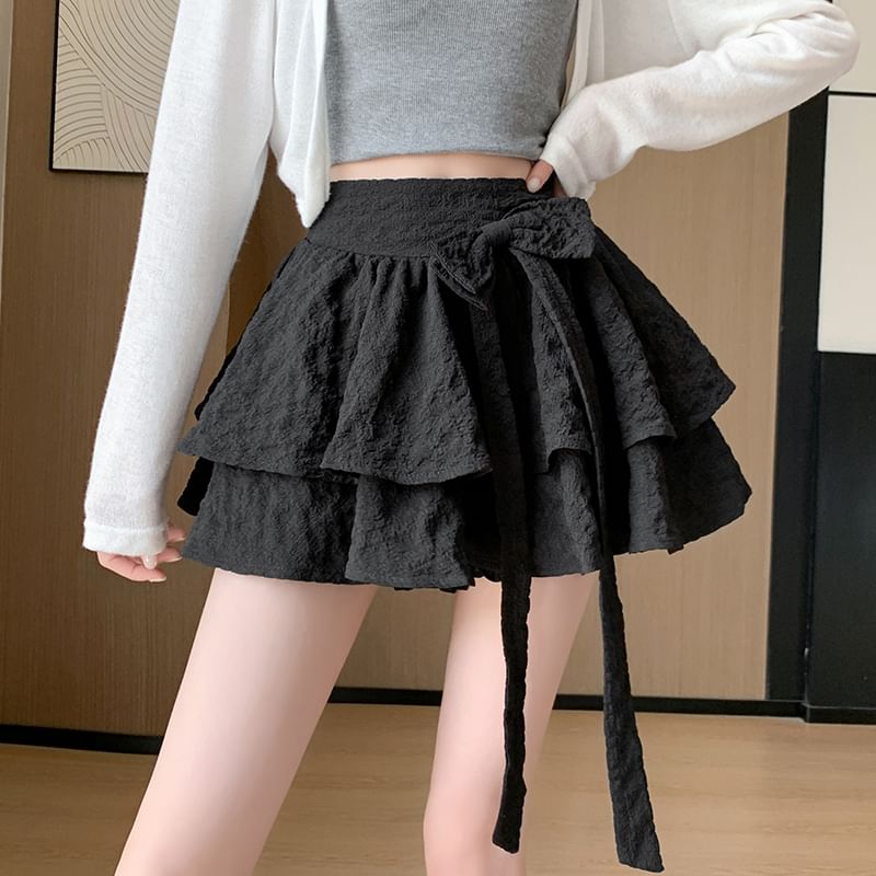 Ruffle Skirt Mini Plain High A-Line Bow Waist