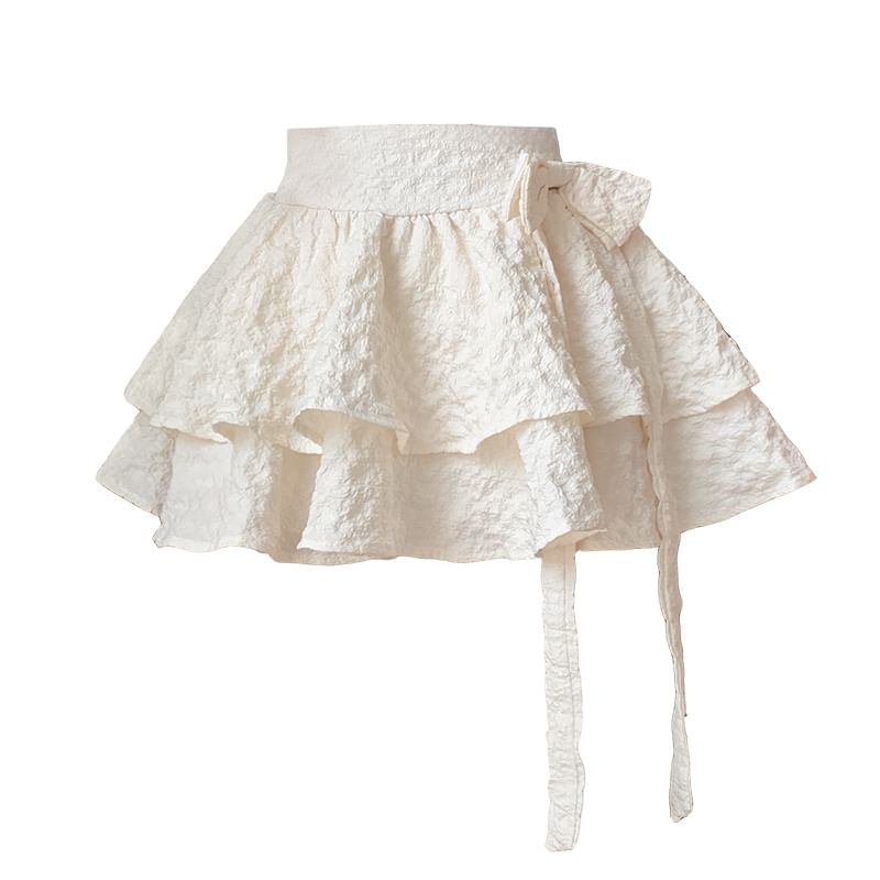 Ruffle Skirt Mini Plain High A-Line Bow Waist