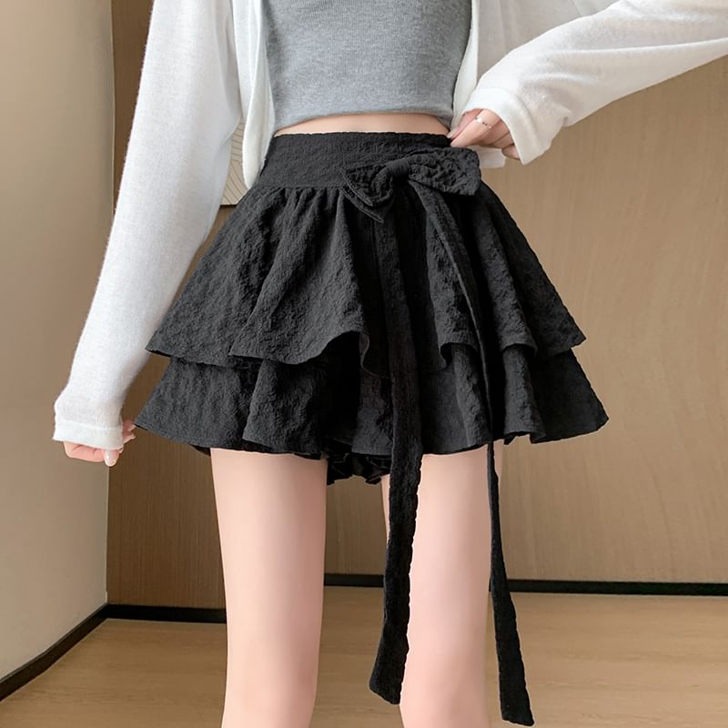 Ruffle Skirt Mini Plain High A-Line Bow Waist