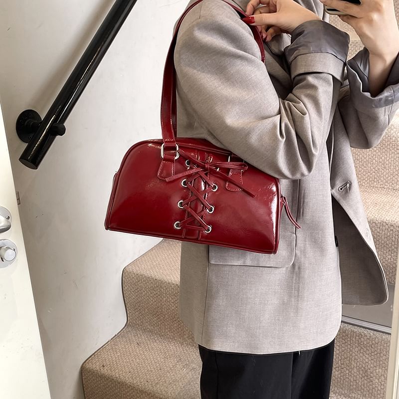 Leather Faux Lace-Up Shoulder Bag