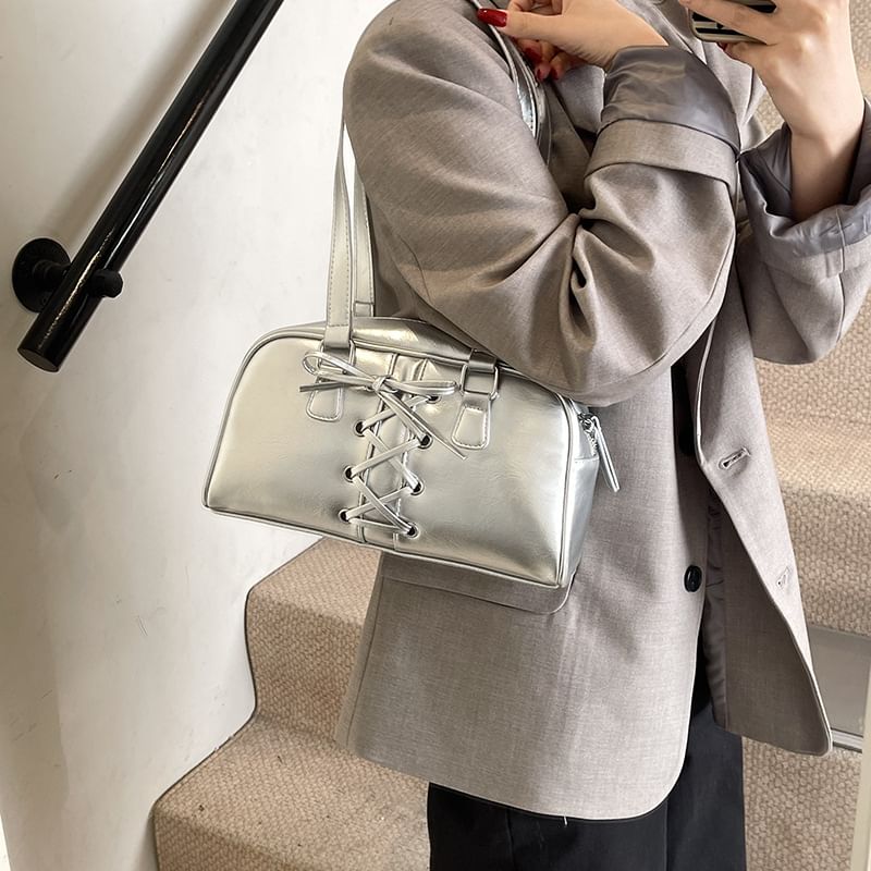 Leather Faux Lace-Up Shoulder Bag