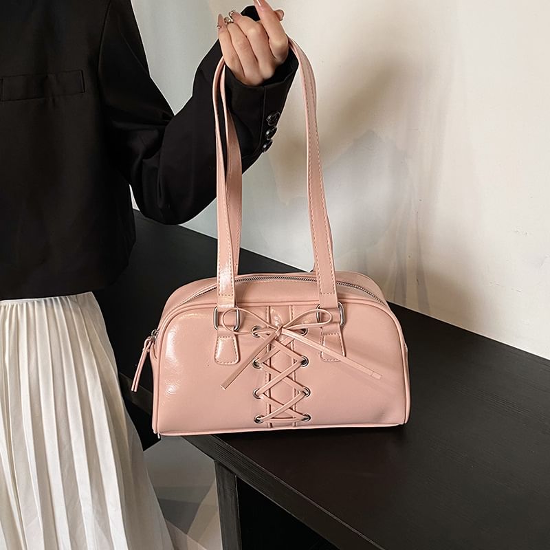 Leather Faux Lace-Up Shoulder Bag