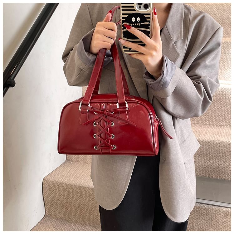 Leather Faux Lace-Up Shoulder Bag