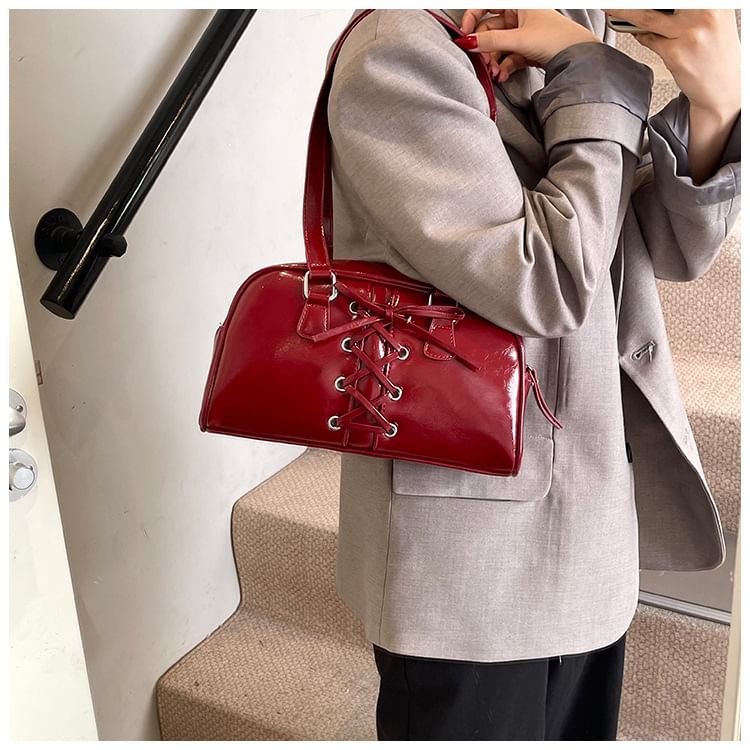 Leather Faux Lace-Up Shoulder Bag