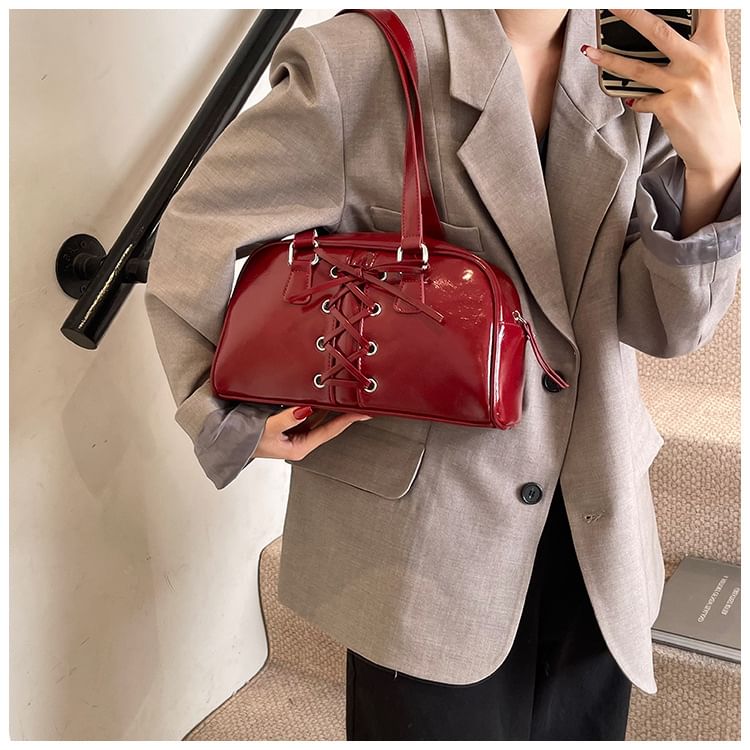 Leather Faux Lace-Up Shoulder Bag