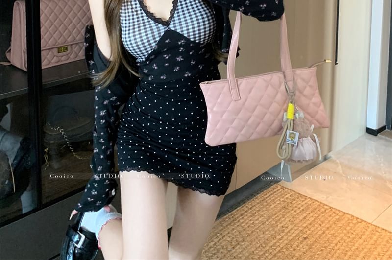 Print Crop Floral Panel Dress Cami Mini Cardigan Plaid / Top