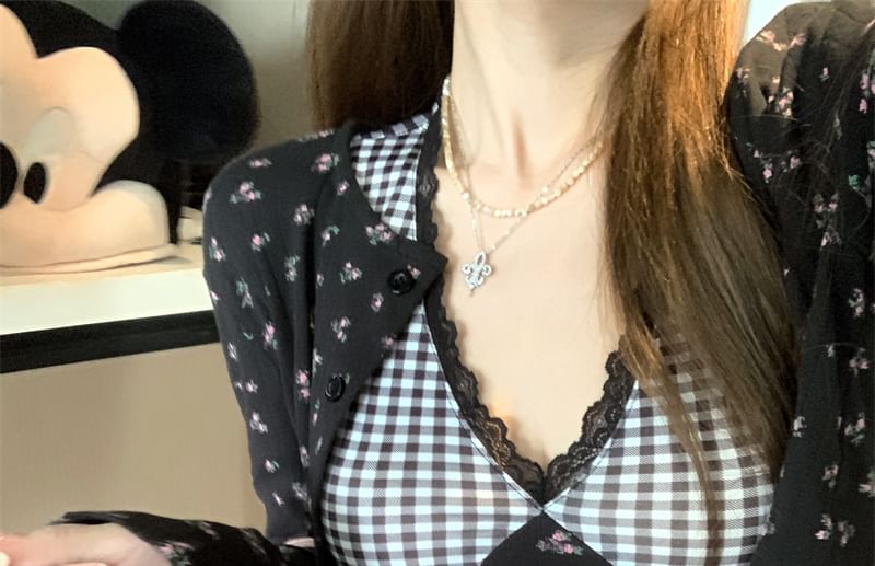 Print Crop Floral Panel Dress Cami Mini Cardigan Plaid / Top