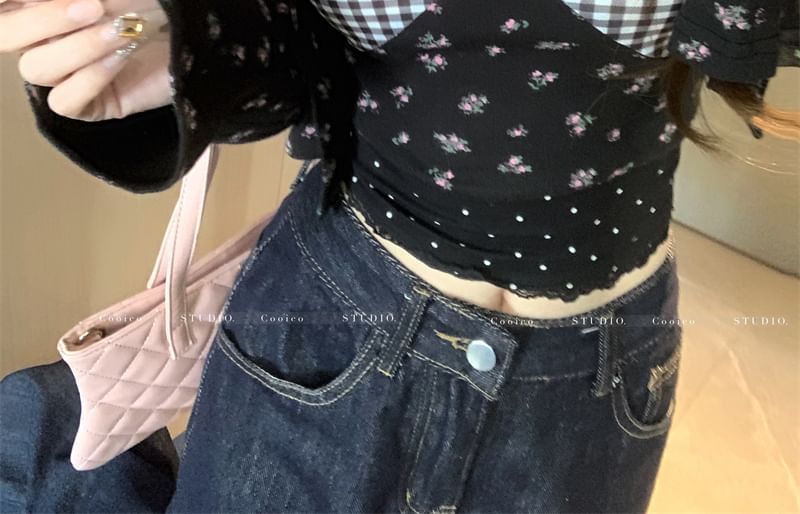 Print Crop Floral Panel Dress Cami Mini Cardigan Plaid / Top