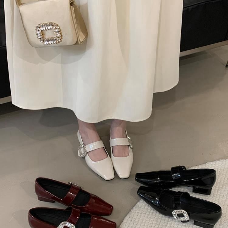 Low Mary Heel Pumps Buckle Rhinestone Jane