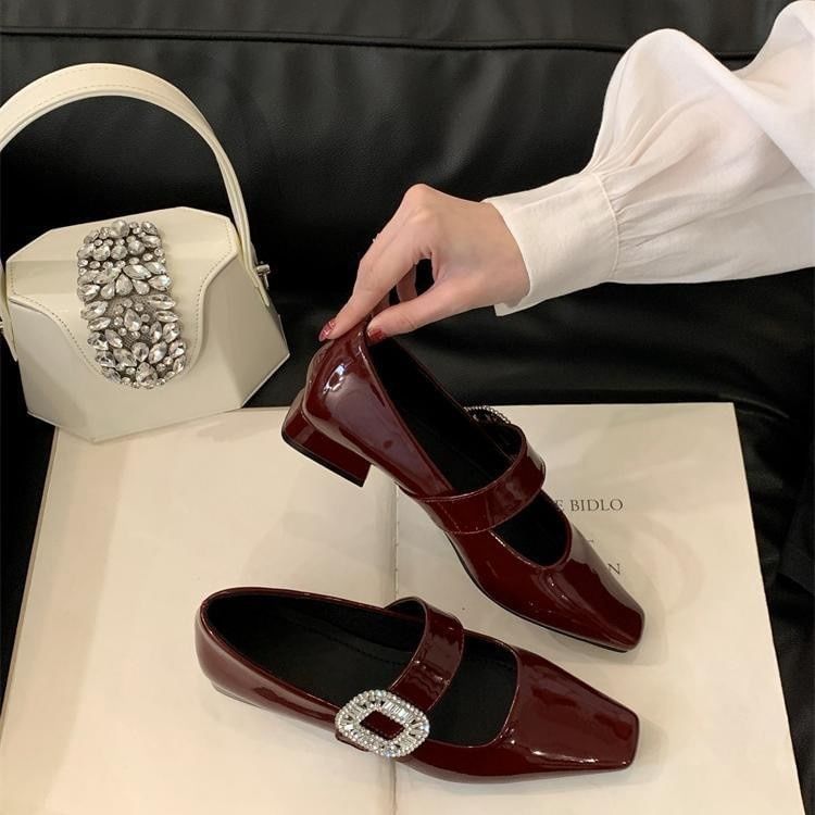 Low Mary Heel Pumps Buckle Rhinestone Jane