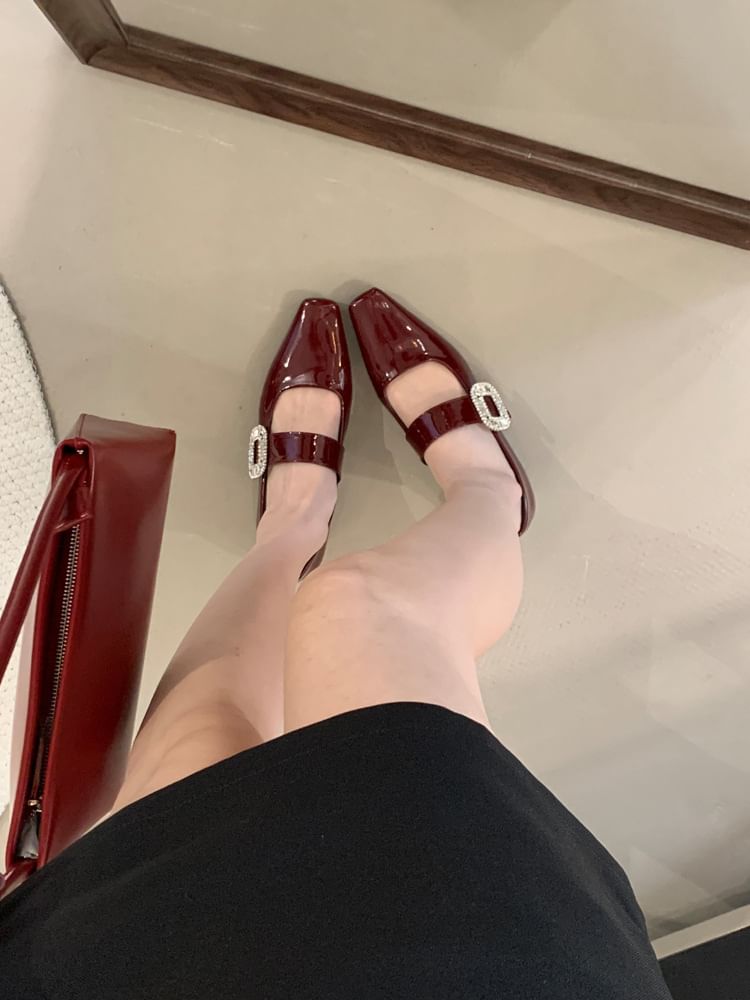 Low Mary Heel Pumps Buckle Rhinestone Jane