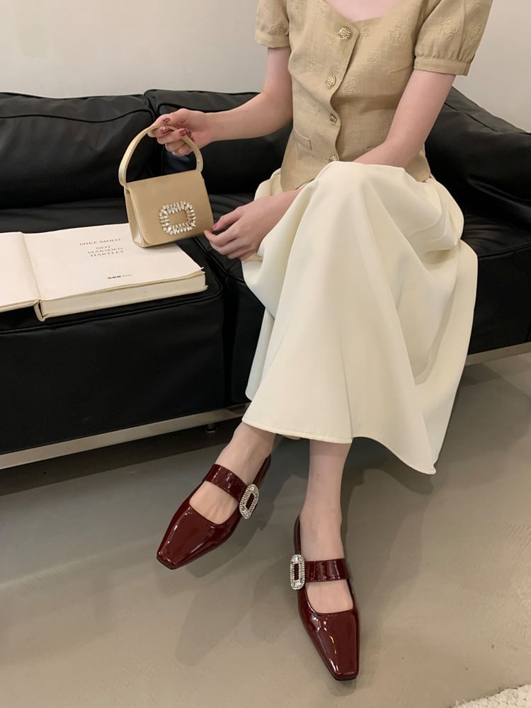 Low Mary Heel Pumps Buckle Rhinestone Jane