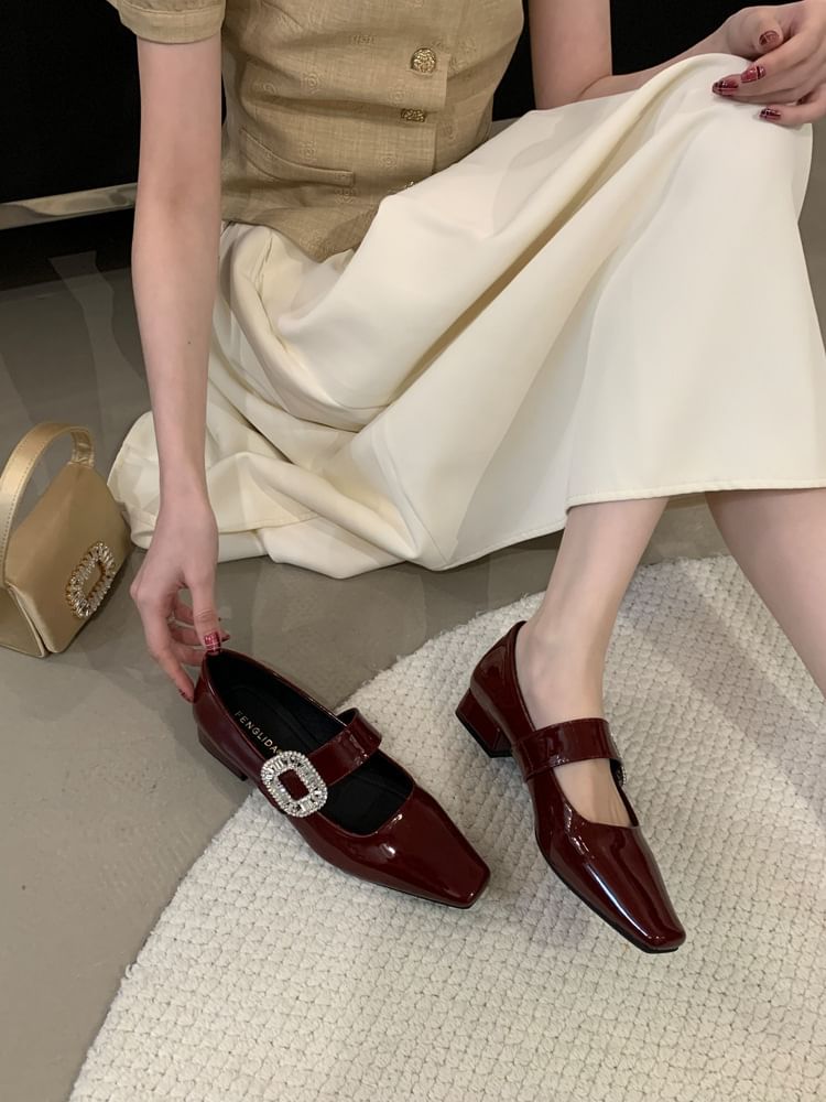 Low Mary Heel Pumps Buckle Rhinestone Jane