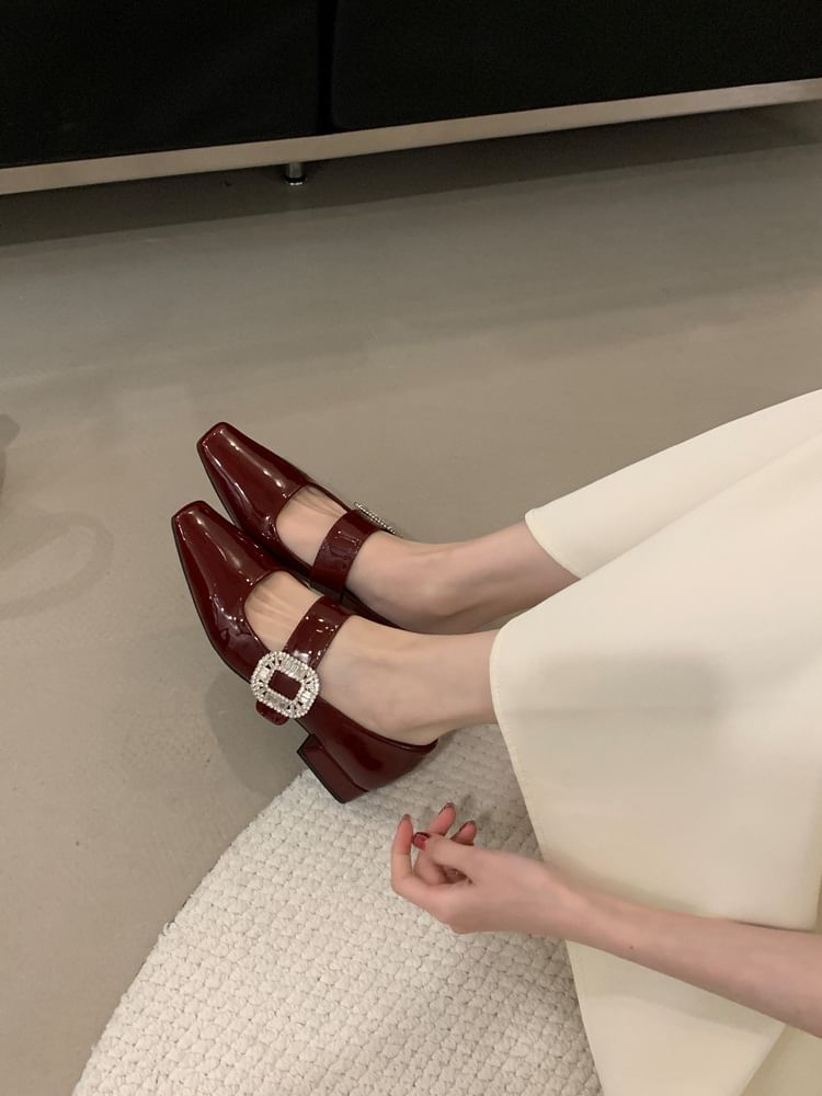Low Mary Heel Pumps Buckle Rhinestone Jane