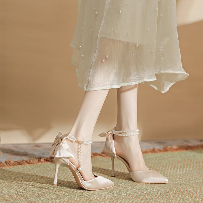 Stiletto Strap Faux Sandals Pearl Heel Bow