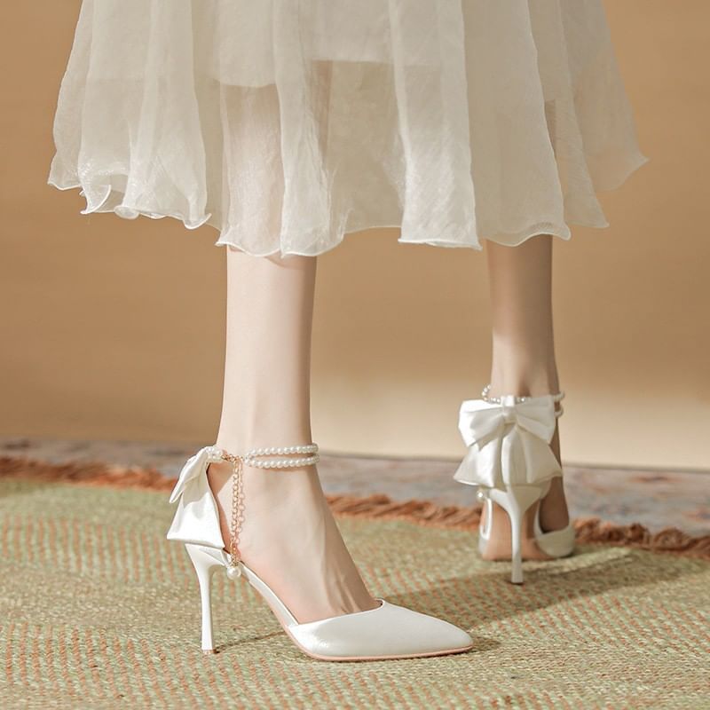 Stiletto Strap Faux Sandals Pearl Heel Bow