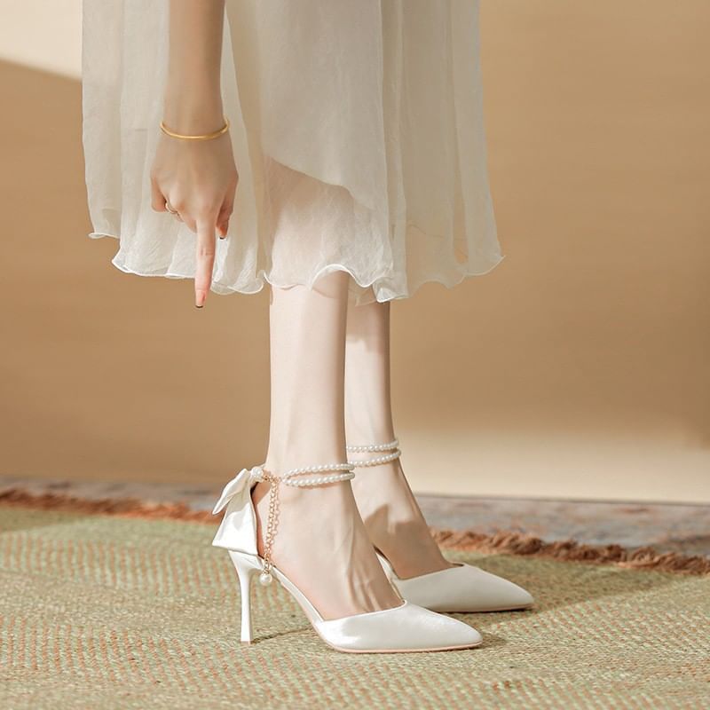 Stiletto Strap Faux Sandals Pearl Heel Bow