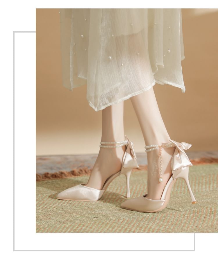 Stiletto Strap Faux Sandals Pearl Heel Bow
