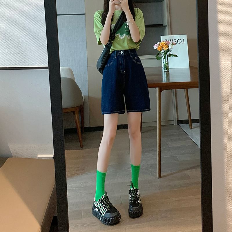 Plain Denim High Shorts Waist