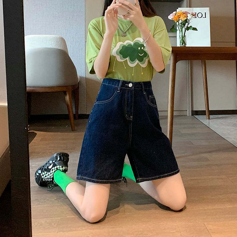 Plain Denim High Shorts Waist