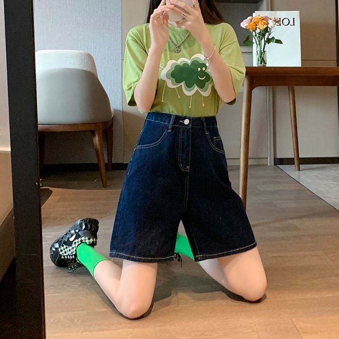 Plain Denim High Shorts Waist