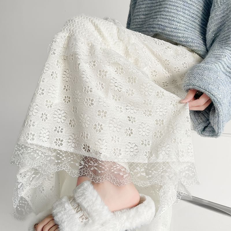 Waist A-Line Plain Lace Skirt Midi High Panel