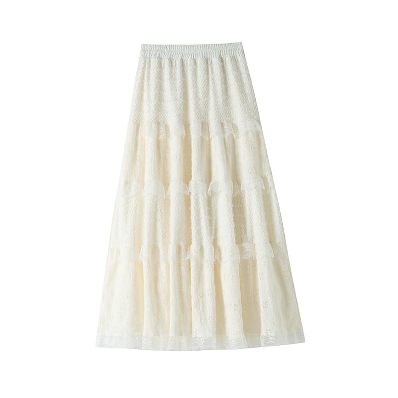 Waist A-Line Plain Lace Skirt Midi High Panel