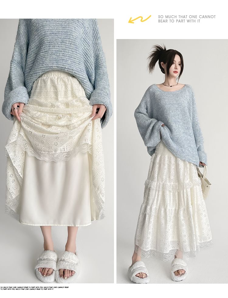 Waist A-Line Plain Lace Skirt Midi High Panel