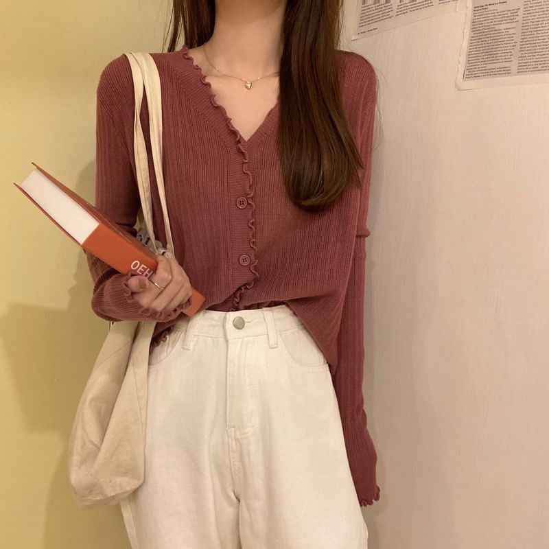 Plain V-Neck Knit Cropped Cardigan Ribbed