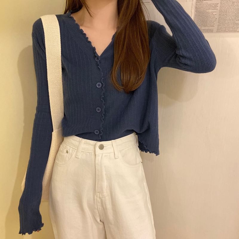 Plain V-Neck Knit Cropped Cardigan Ribbed