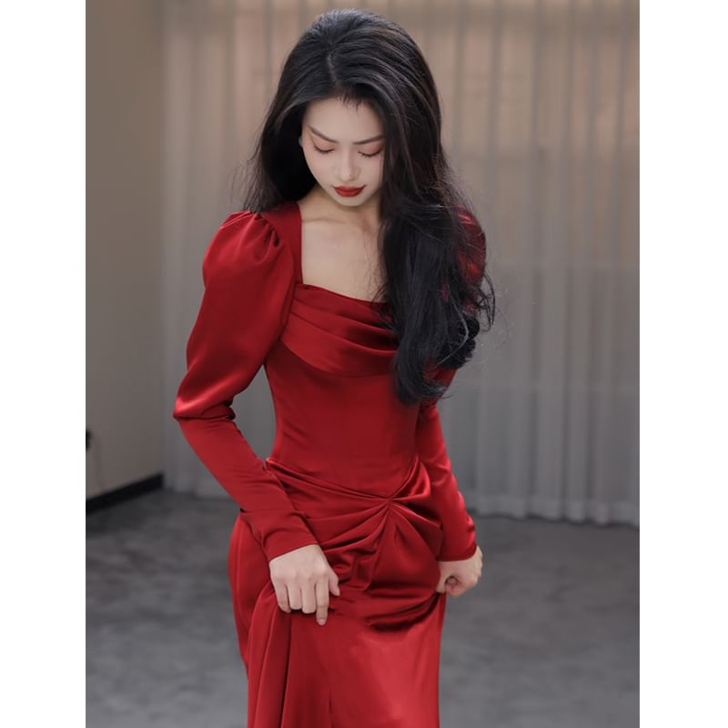 Evening Gown Slit Neck Mermaid Square Ruched Plain Long-Sleeve
