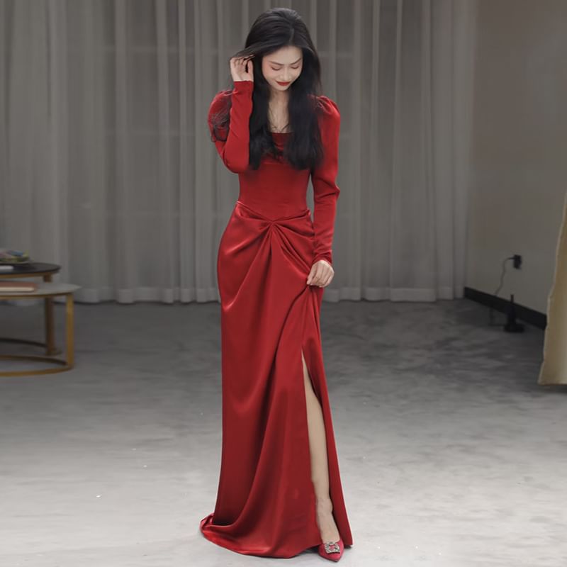 Evening Gown Slit Neck Mermaid Square Ruched Plain Long-Sleeve