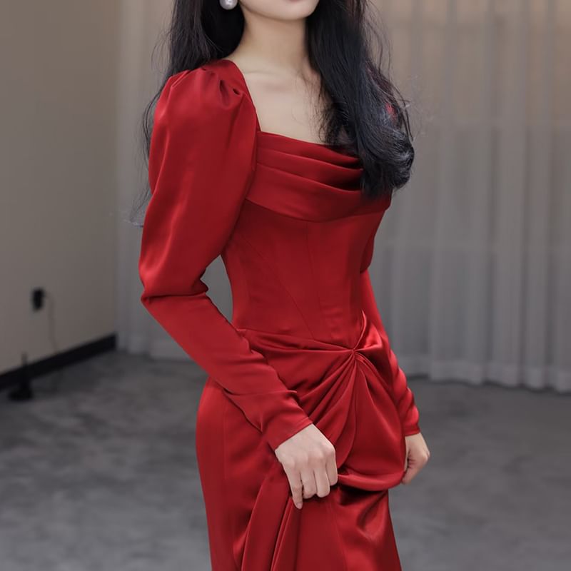 Evening Gown Slit Neck Mermaid Square Ruched Plain Long-Sleeve