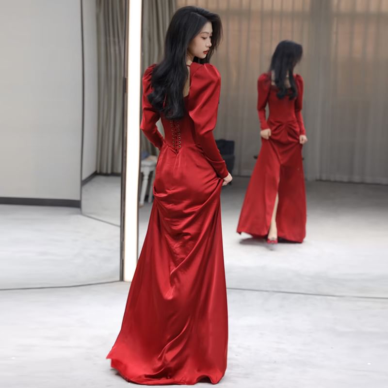 Evening Gown Slit Neck Mermaid Square Ruched Plain Long-Sleeve