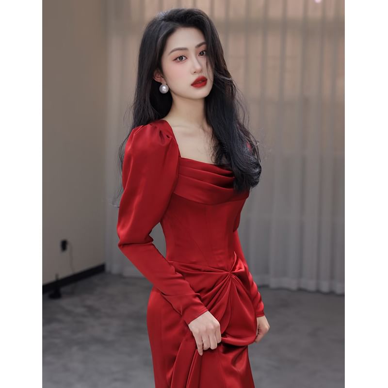 Evening Gown Slit Neck Mermaid Square Ruched Plain Long-Sleeve