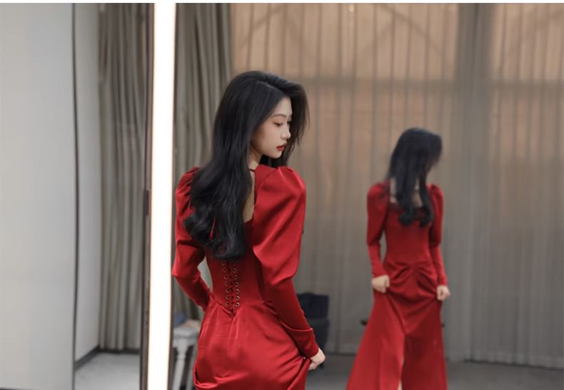 Evening Gown Slit Neck Mermaid Square Ruched Plain Long-Sleeve