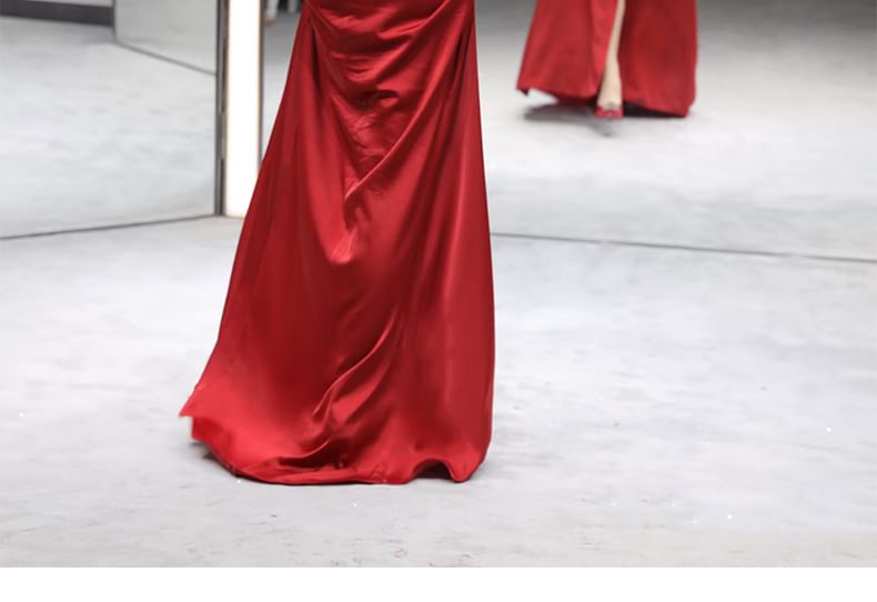 Evening Gown Slit Neck Mermaid Square Ruched Plain Long-Sleeve