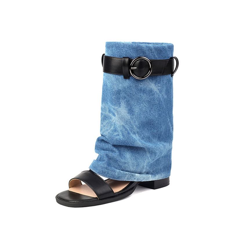 Denim Heel Short Boots Block Thong Washed