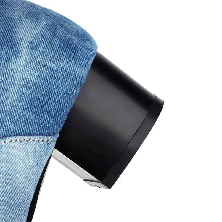 Chunky Thong Heel Denim Washed Tall Boots