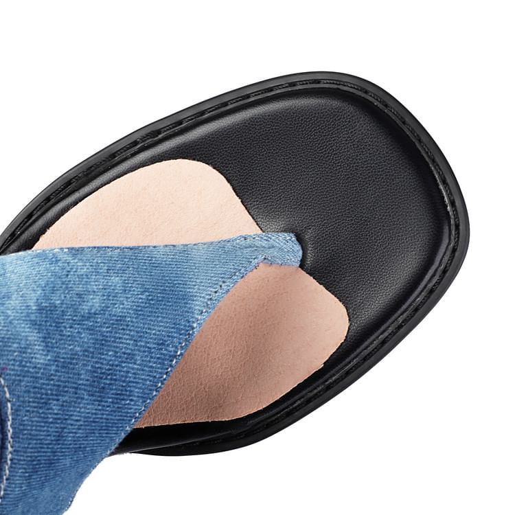 Chunky Thong Heel Denim Washed Tall Boots