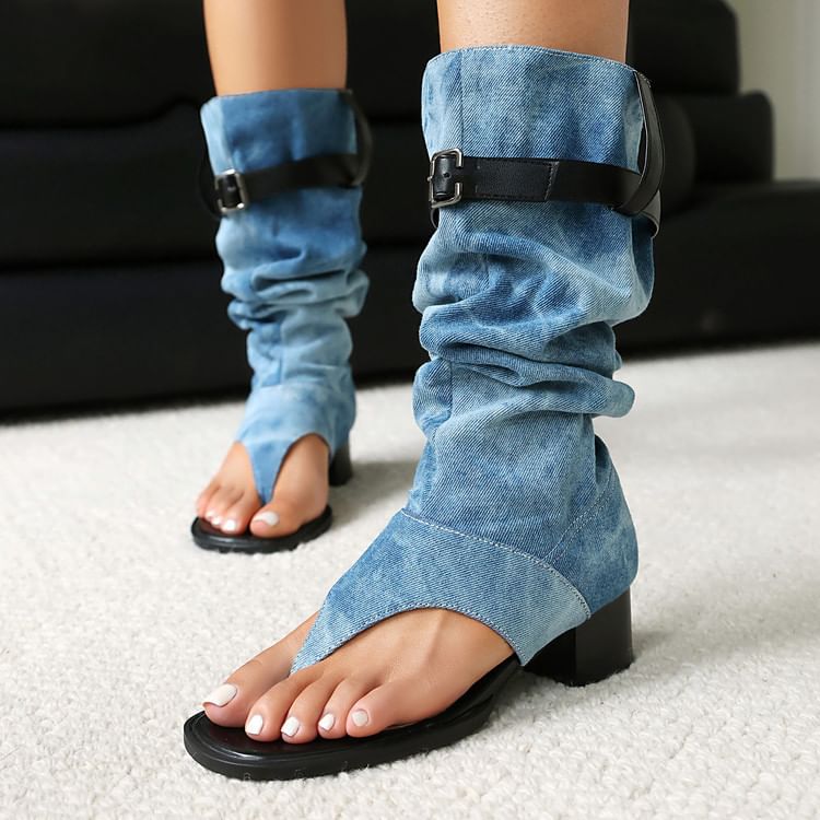 Chunky Thong Heel Denim Washed Tall Boots