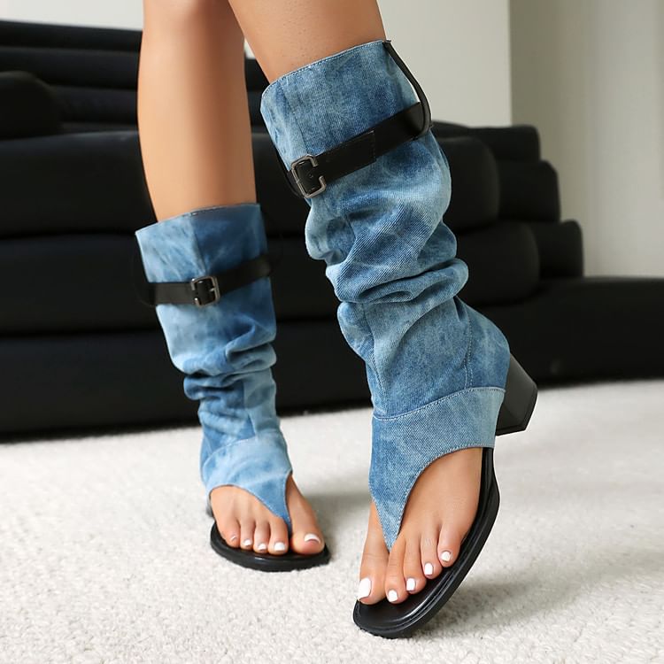 Chunky Thong Heel Denim Washed Tall Boots