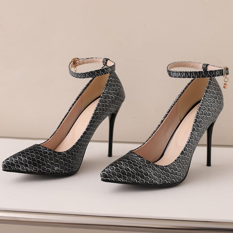 Patterned Heel Fish Pumps Ankle Scale Stiletto Strap