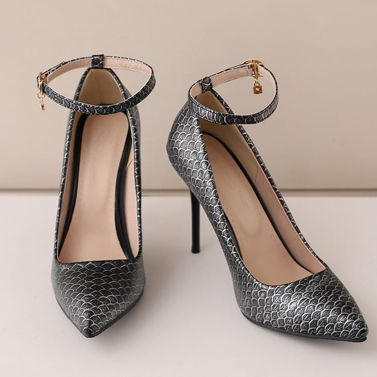 Patterned Heel Fish Pumps Ankle Scale Stiletto Strap